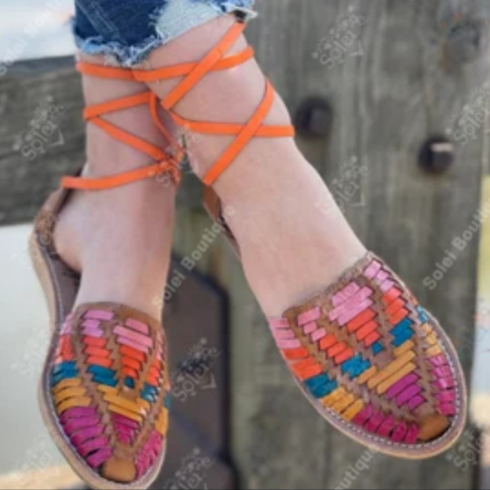 NWOT Colorful Mexican Handmade  Woven Leather Sandals